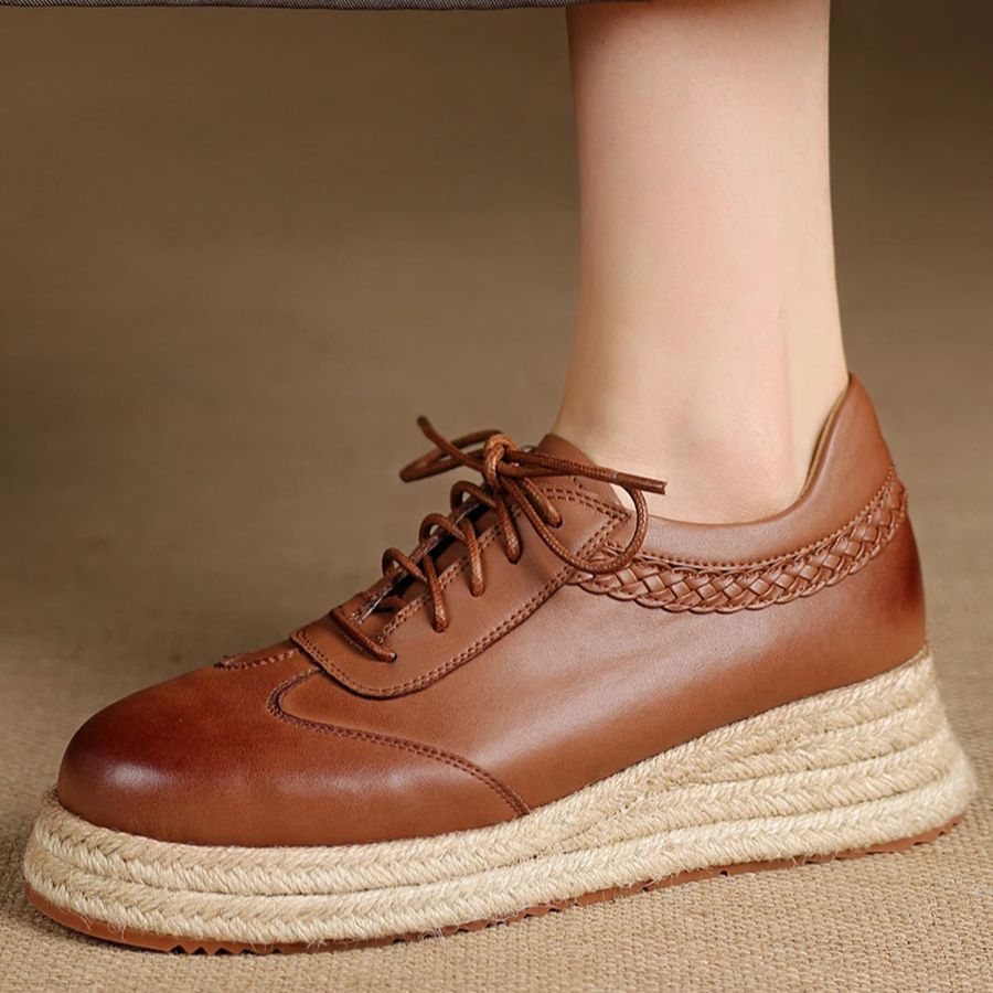 Espadrille Wedge Shoes - EAGSITY Koe Leer bruin oxford schoenen