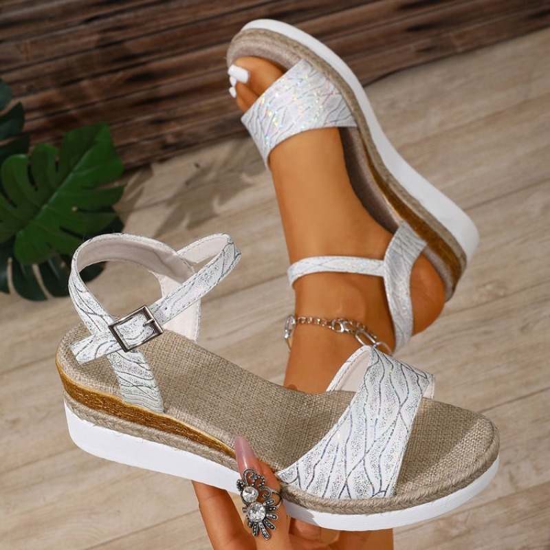 Espadrille Wedge Shoes - Wedgesandalen voor dames, witte plateauhakken, enkelband,